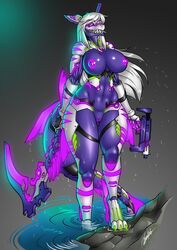 anthro breasts curvaceous cybernetics cyborg female fish gun huge_breasts machine marine nipples pussy ranged_weapon rhinoking shark smile solo standing thick_thighs weapon wet wide_hips