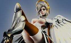 3d areolae blender blonde_hair breasts female female_only looking_at_viewer mercy nipples overwatch solo thighhighs wunder