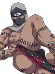 1boy alolan_boy black_nail_polish black_nails clothing green_eyes headband headwear kakuzu looking_at_viewer male male_focus male_only mask nail_polish naruto naruto_(series) nipples pecs pose posing sitting solo solo_focus solo_male stitched stitches tan_skin uncensored undressing