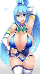 aqua_(konosuba) armpit_fetish armpits bare_shoulders bikini_bottom bikini_top blue_bikini blue_eyes blue_hair breasts cowboy_shot detached_collar detached_sleeves elbow_gloves eyebrows_visible_through_hair eyes facominn female gloves gradient gradient_background grey_background hair_between_eyes hair_ornament hand_behind_head hand_on_hip hands huge_breasts kono_subarashii_sekai_ni_shukufuku_wo! long_hair looking_at_viewer navel nose ponytail simple_background smile thighhighs tied_hair white_background