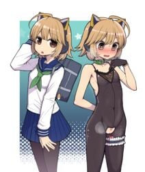 :o ahoge animal_ears arm_behind_back arm_up bag bag_charm bangs bare_arms bare_shoulders black_bodysuit black_gloves black_legwear blonde_hair blue_background blue_sailor_collar blue_skirt blush bodysuit breasts buckle cat_ear_headphones charm_(object) collar collarbone covered_navel cowboy_shot crotchless_clothes embarrassed erect_nipples eyebrows_visible_through_hair fake_animal_ears female gloves gradient gradient_background green_neckwear hanauna hand_on_own_chest headphones heart highres leg_garter long_sleeves looking_at_viewer looking_down miniskirt neckerchief nose_blush open_mouth original panties pantyhose pleated_skirt pussy remote_control_vibrator sailor_collar school_bag school_uniform serafuku shirt short_hair skirt small_breasts star sweat tareme underwear utsugi_riko_(hanauna) vibrator white_panties white_shirt