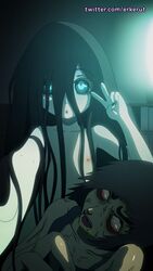 1girls black_hair blue_eyes dead erkerut ghost green_skin long_hair original_character pose samara_(erkerut) self_shot selfie tagme tv v