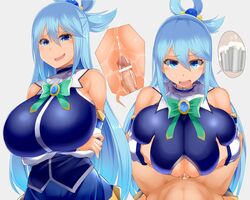 1boy 1girls alternate_breast_size aqua_(konosuba) bangs bare_shoulders between_breasts blue_eyes blue_hair blue_skirt breast_hold breast_squeeze breasts censor_bar censored clothed_female_nude_male cum cum_between_breasts detached_sleeves dress ejaculation_between_breasts erection facominn female goddess hair_rings high_resolution huge_breasts instant_loss_2koma kono_subarashii_sekai_ni_shukufuku_wo! long_hair looking_at_viewer male matching_hair/eyes miniskirt nude paizuri penis pointless_censoring pov pov_eye_contact simple_background sitting sitting_on_lap sitting_on_person skirt smug speech_bubble spoken_object straight very_long_hair