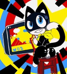 amai_puwai_(artist) anthro anus ass atlus backsack balls bandana black_fur blue_eyes dipstick_tail domestic_cat felid feline felis fur gaming looking_back male male_only mammal megami_tensei morgana_(persona) multicolored_tail persona playing_videogame sitting solo stool video_games white_balls