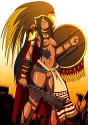 aztec big_breasts breasts dark_skin eagle erkerut female hairless_pussy innie_pussy long_hair mesoamerican original original_character pussy tattoo traditional_clothes warrior