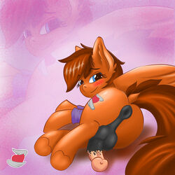 1boy blush brown_fur brown_hair equine freckles fur furry girly hair heart horse lidded looking_at_viewer looking_back male mammal mcpixxels my_little_pony nude original_character penis perineum pony simple_background solo testicles zoom_layer