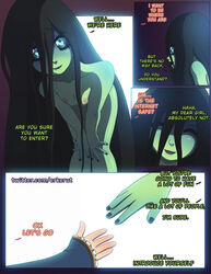 alicia black_hair blue_eyes comic erkerut ghost green_skin hand long_hair nipples original_character samara_(erkerut) tagme