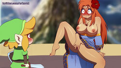 1boy 1girls big_breasts blush breasts erkerut female fingering large_breasts link's_awakening long_hair male marin masturbation nipples orange_eyes orange_hair public pussy the_legend_of_zelda