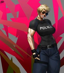 belt blonde_hair breasts female fingerless_gloves glasses gloves jeans large_breasts looking_at_viewer megaween muscles muscular_female policewoman short_hair smile solo sunglasses t-shirt teeth tinted_eyewear