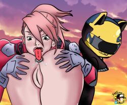 2girls all_fours anilingus anus ass ass_grab bent_over bianca_carlyle bottomless celty_sturluson clothed_sex clothes crossover durarara!! female_only gloves green_eyes gundam gundam_thunderbolt hands_on_ass helmet licking looking_back multiple_girls oral pilot_suit pussy red_hair rimjob rimming saliva spread_ass tongue tongue_out tyn0te uncensored yuri