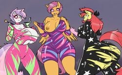 2019 absurd_res anthro apple_bloom_(mlp) areola ass big_butt bodysuit breast_growth butt_growth camel_toe chango-tan clothing equid equine face_paint female friendship_is_magic group hi_res horn horse makeup mammal my_little_pony nipples pony pterippus scootaloo_(mlp) sweetie_belle_(mlp) tight_clothing torn_clothing unicorn