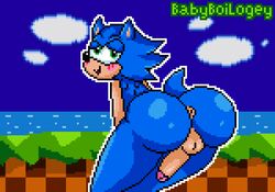 ass babyboilogey backsack balls big_butt blue_fur blush eulipotyphlan fur girly green_eyes hedgehog male male_focus male_only mammal penis pixel_art solo sonic_(series) sonic_the_hedgehog video_games