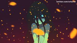 1girls areolae black_hair black_sclera blue_eyes collarbone erkerut eyelashes female female_only flat_chest front_view ghost ghost_girl gradient_background green_skin hair_between_eyes long_hair nipples nude original_character petals samara_(erkerut) smile solo upper_body very_long_hair