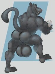 alcohol anthro ass backsack balls beer beverage big_balls felid glass hewge male male_only mammal muscular muscular_male nude pantherine simple_background smile solo