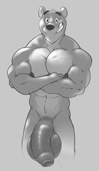 anthro balls big_balls big_penis crossed_arms flaccid greyscale hewge hi_res humanoid_penis looking_at_viewer male male_only mammal monochrome muscular muscular_male nude pecs penis smile solo standing uncut ursid