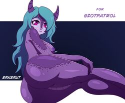 anthro ass big_ass blue_hair erkerut female horns long_hair purple_skin tagme