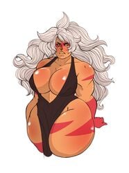 1girls alien big_breasts big_lips black_dress clothed female female_only gem_(species) jasper_(steven_universe) kikis_tavern long_hair looking_at_viewer muscular muscular_female orange_eyes orange_skin shiny_skin steven_universe thick_thighs white_hair wide_hips