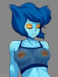 1girls blue_hair blue_skin breasts bust camisole cartoon_network closed_eyes eyes_closed eyeshadow female female_only female_solo fishnet_top fishnets freckles gem_(species) gold_lipstick lapis_lazuli_(gem) lapis_lazuli_(steven_universe) large_breasts lipstick makeup midriff nipples nipples_visible_through_clothing no_bra portrait shoulder_freckles slutty_outfit solo steven_universe yellow_nipples ze-plush