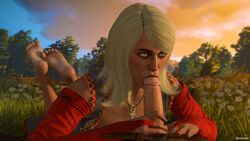 1boy 1girls 3d barefoot blonde_hair bomyman cd_projekt_red clothed_female clothed_female_nude_male feet feet_up fellatio female geralt_of_rivia hand_on_penis keira_metz outside penis soles the_witcher the_witcher_(series) the_witcher_2 the_witcher_3:_wild_hunt toes yellow_eyes