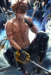 blue_eyes human keyblade kingdom_hearts male male_only sakimichan shirtless sora weapon