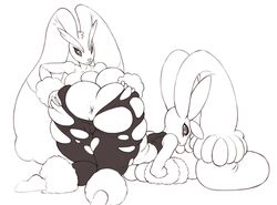 2girls all_fours anthro anthrofied anus ass ass_up big_anus big_ass big_ears breasts clothing duo feet female female_only furry greyscale huge_ass long_ears looking_back lopunny mega_lopunny monochrome muscular muscular_female nintendo pokémon_(species) pokemon pokemon_(species) pokemon_dppt pokemon_oras ripped_clothing robotjoe thick_thighs tight_clothing torn_clothes torn_clothing video_games wide_hips yuri