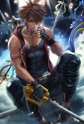 blue_eyes fully_clothed key keyblade kingdom_hearts looking_at_viewer male male_only muscular sakimichan sora