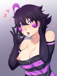 1girls areolae breasts cleavage clothing fellatio_gesture female female_only gesture gloves hair heart nipple_slip nipples open_mouth original original_character plumpish_(waru-geli) purple_hair solo sweater teasing tongue tongue_out waru-geli watermark