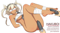 bandage bandages barefoot big_breasts black_nail_polish black_toenails blindfold blush bondage breasts busty cleavage feet female foot_fetish hakuboi imminent_insertion kantai_collection large_breasts musashi_(kantai_collection) object_between_breasts object_in_pussy partial_male pussy restrained solo_focus tied tied_up toenail_polish toes tube_top tubetop white_hair