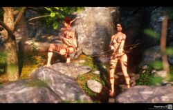 2girls 3d arrow artist_name bare_shoulders barefoot big_breasts black_hair blue_eyes bow breasts busty curvy detailed_background elf erect_nipple erect_nipples eyelashes female female_only front_view holding_object hourglass_figure humanoid multiple_females multiple_girls naked necklace nude original_character outdoors outside pointy_ears pose posing pubes pubic_hair red_hair rock shadow short_hair siliconaya sitting spread_legs spreading standing tree voluptuous wide_hips