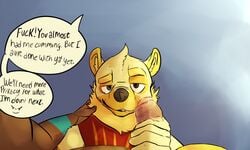 5_fingers clothed clothing comic dialogue first_person_view fully_clothed gay handjob humanoid_hands karou_(thekbear) looking_at_viewer male mammal saliva sex simple_background smile thekinkybear ursid yaoi