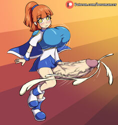 arle_nadja armored_dress blush bosomancer bouncing_breasts breastplate cape cum cumshot cute futa_focus futa_only futanari gradient_background half_updo huge_breasts huge_cock intersex looking_at_viewer mosaic_censoring motion_lines orange_hair patreon patreon_username penis_out puyo_puyo shoes yellow_eyes