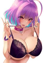 1girls big_breasts blush bra breasts cheeky choker collar double_v female highlights horny huge_breasts large_breasts pink_hair red_eyes satou_daiji solo suggestive tongue tongue_out v yumemi_riamu