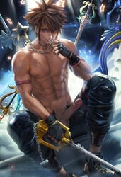 1boy blue_eyes casual footwear human human_only keyblade kingdom_hearts male male_only neckwear pale_skin penis sakimichan shirtless sora weapon