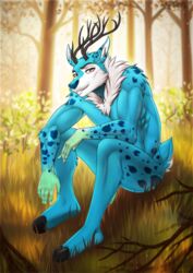2019 5_fingers absurd_res amur anthro antlers blue_fur cervid day deer detailed_background fur hi_res hooves horn male male_only mammal nude outside red_eyes sitting smile solo tree