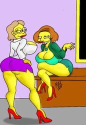 2girls ass big_breasts breasts brown_hair busty cleavage clothes color cougar curvy edna_krabappel elizabeth_hoover female hair high_heels huge_breasts human imminent_sex large_breasts maxtlat milf milfs miniskirt multiple_girls older_female skirt smile standing tagme teacher the_simpsons yellow_skin yuri