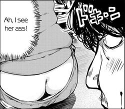 1boy ass clothed clothing english_text female ikuhana_niiro ikuhana_niro male monochrome speech_bubble text