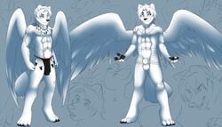 angel angry animal_genitalia anthro balls canid canine canis clothing confusion ethereal feathered_wings feathers fur hair jailbird loincloth male mammal model_sheet nude sad sebris sheath smile smirk solo tribal white_fur wings wolf