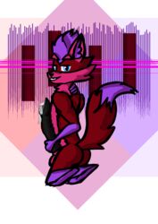 black_penis blue_eyes canid canine erection fox fur hair hi_res kneeling looking_at_viewer male mammal penis pink_background pink_ears pink_fur precum purple_background purple_hair purple_paws red_background red_fur simple_background sitting solo