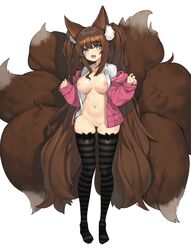 animal_ears breasts censored fox_ears fox_tail functionally_nude jacket multiple_tails nipples pussy romana stockings tail thighhighs