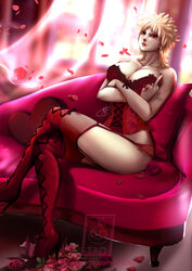 1girls blonde_hair corset crossed_arms crossed_legs dominatrix female female_only garter_belt garter_straps high_heel_boots katsuki_bakugou light-skinned_female light_skin lingerie middle_finger my_hero_academia red_eyes rule_63 solo thigh_boots thighhighs valentine's_day
