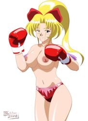 1girls armlet ayane's_high_kick blonde_hair blue_eyes boxing boxing_gloves breasts butcherstudios erect_nipples eyebrows_visible_through_hair female female_only fighting_stance gloves hair_between_eyes light-skinned_female light_skin lips long_hair looking_at_viewer medium_breasts mostly_nude nipples pale-skinned_female pale_skin panties ponytail red_boxing_gloves red_gloves ribbon sakurako_miyagawa shiny_skin smile solo solo_female thick thick_thighs thighs tied_hair topless white_background wide_hips