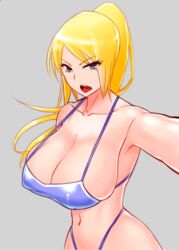 bikini blonde_hair blue_eyes breasts cleavage edit eyebrows_visible_through_hair female looking_at_viewer metroid navel nintendo nipple_bulge samus_aran wolffeld_price