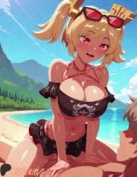 1boy ai_generated beach bikini black_bikini blonde_hair blue_sky blush breasts burnice_white cleavage clothed_female_nude_male cowgirl_position day eyewear_on_head female hoyoverse large_breasts minokai mp4 navel nude ocean open_mouth outdoors penis red_eyes self_upload sex short_hair sky smile solo_focus sound straddling straight sunglasses swimsuit tagme twintails uncensored vaginal_penetration veins video virtual_youtuber zenless_zone_zero