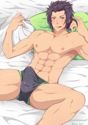 1boy abs black_hair erection kurosilver leg_spread licking_lips looking_at_viewer male_only muscles nipples on_bed sweat underwear