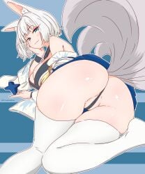 1girl animal_ears ass azur_lane bent_over blue_eyes blush breasts eyeshadow fox_ears fox_girl fox_tail from_behind kaga_(azur_lane) kitsune looking_at_viewer looking_back makeup medium_hair miraenokoi multiple_tails pussy red_eyeshadow seductive_smile skindentation smile solo tail thigh_gap thighhighs thighs white_hair