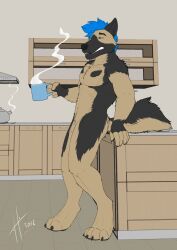 2016 animal_genitalia anthro black_body black_eyebrows black_fur black_nose black_tail blue_eyes blue_hair canid canine canis container cup dannycaliforniashepherd dated domestic_dog eyebrows fangs fully_sheathed fur genitals german_shepherd hair herding_dog hi_res holding_container holding_cup holding_mug holding_object hufnaar inside male male_anthro mammal mug narrowed_eyes nude pastoral_dog sheath short_hair signature solo steam tail tan_sheath tan_tail teeth