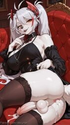 1girl ai_generated animal_nose azur_lane bangs black-framed_eyewear black_gloves blush breasts brown_eyes brown_hair clothes_lift decurse elbow_gloves furry furry_female glasses gloves indoors jewelry large_breasts looking_away necklace nipples no_bra orange_sweater plant prinz_eugen_(azur_lane) red_skirt shiny shiny_skin short_hair skirt solo sweater sweater_lift turtleneck turtleneck_sweater upper_body veil window