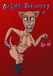 anthro bald boots bra breasts butt canid canine canis clothing colored cute_pose dildo domestic_dog eyescutout facial_hair fingers footwear genitals holding_object intersex lips makeup mammal meme navel nipples penis pubes sex_toy shoes solo standing tan_body teeth tongue underwear what_has_science_done why