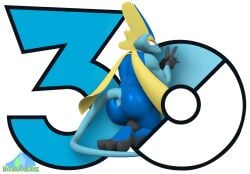 2026 3d_(artwork) albalbalb alpha_channel anthro balls big_balls big_butt black_body black_skin blue_body blue_skin butt digital_media_(artwork) feet finger_gun generation_8_pokemon genitals gesture hand_gesture inteleon kneeling looking_back male mantle muscular muscular_male nintendo nude pokemon pokemon_(species) pokemon_30_years simple_background smile solo tail transparent_background watermark yellow_body yellow_eyes yellow_skin