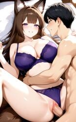 1boy 1girl ai_generated amagi_(azur_lane) azur_lane bedroom big_breasts blush bra bra_and_panties breasts brown_hair cleavage fox_ears fox_girl fox_tails in_bed legs_spread long_hair missionary_position morning naked_male nude nude_male panties panties_aside penis_in_pussy purple_bra purple_eyes purple_panties sex ship_girl smile vaginal_penetration
